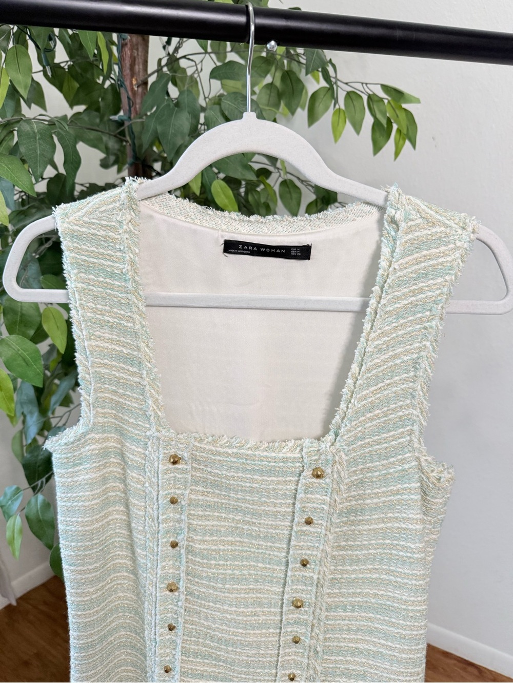 Zara Tweed Mini Dress Size Medium Mint Green White Gold - Picture 9 of 11